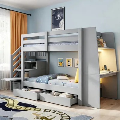 Productafbeelding van Kinderekkerbed 90x200 cm met opbergruimte in de trap, bureau, boekenkast, LED-verlichting, stopcontact en lades, houten frame, tienerbed, grijs