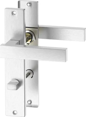A close-up studio shot of a stainless steel door handle set for a bathroom or WC door.