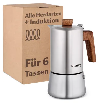 Produktbild von Cosumy Espressokocher aus Edelstahl und nachhaltigem Eichenholz - 6 Tassen - Induktionsgeeignet - Mit extra Silikondichtung