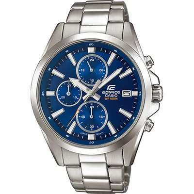 A close-up studio shot of a men's wristwatch with a blue dial and silver metal band.