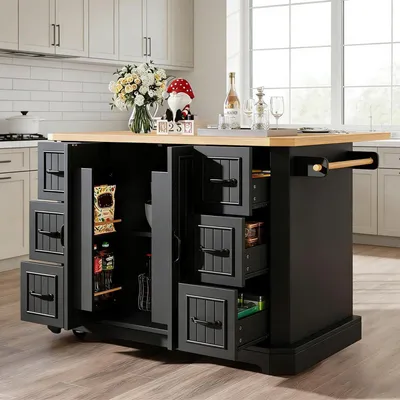 Immagine prodotto di Carrello da cucina con ruote, mobile multifunzionale con piano di lavoro estraibile, 2 ante, 6 cassetti, dimensioni 120x45x91 cm, colore nero