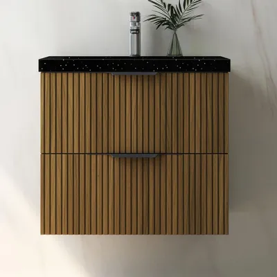 Produktbild von Waschtisch mit Unterschrank 60cm RIVA Badmöbel Set Walnussbraun Waschbecken Schwarz mit Unterschrank Softclose