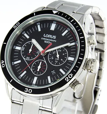 A close-up studio shot of a Lorus chronograph watch.
