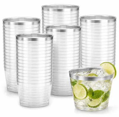 Hartplastikbecher mit silbernem Rand, 100 Stück, 255 ml