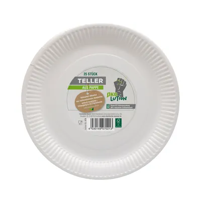 Produktbild von Ökolution Einweg Teller/Schalen weiß, Papier, umweltfreundlich, Größe:Ø 23 cm, Verpackungseinheit;Größe:25 Stück;Ø 23 cm