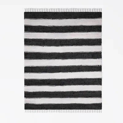 Obrázek produktu pro MY-RUG patchworkový koberec, Aarav, 150x80, Chindi koberec černobílý, vyrobený z recyklovaných bavlněných zbytků, ručně tkaný, oboustranný, s třásněmi, obdélníkový tvar