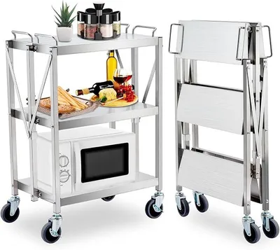 Produktbild von Edelstahl Servierwagen 3 Etagen, Faltbar Küchenwagen mit 4 Rollen, Lebensmittel Zubereitungstisch bis 200kg mit Bremsen, Rollwagen Metall Teewagen, Weinwagen, Getränkewagen 64x40x96cm
