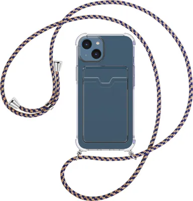 Produktbild von Handykette Backcover-Schutzhülle mit Band (Metall silberfarben) für Apple iPhone 15 - blau+beige