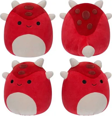 Four views of a red plush dinosaur toy.