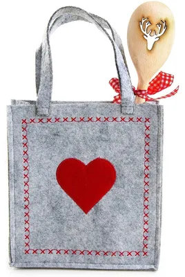 Produktbild von Kleine Geschenktasche 18 x 20 cm Filz + Hirsch Geweih Holz Kochlöffel Verpackung Weihnachten Geschenkbeutel HERZ rot grau kariert Kunden