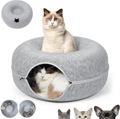 Produktbild von Famanu Katzenbett Donut - Abnehmbares Katzenbett mit Tunnelspeelzeug - Geeignet für Kattentunnelbetten