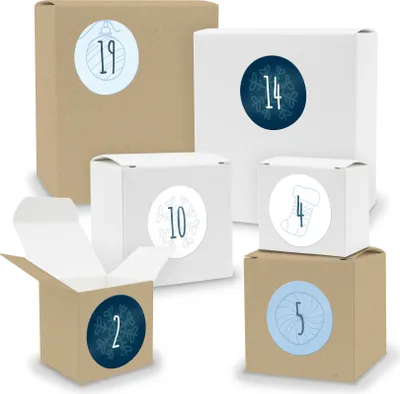 Produktbild von Adventskalender zum Füllen 24x Quader Würfel gemischt WEISS / BRAUN + Sticker (V03 Z12)
