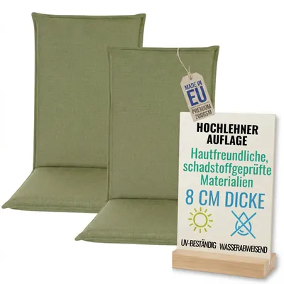 Produktbild von Pillows24 - 2x Hochlehner Auflagen 120x50x8 cm | Bequeme & Wetterfeste Gartenstuhlauflagen | Polster Sitzkissen für Gartenmöbel |  EU | Grün