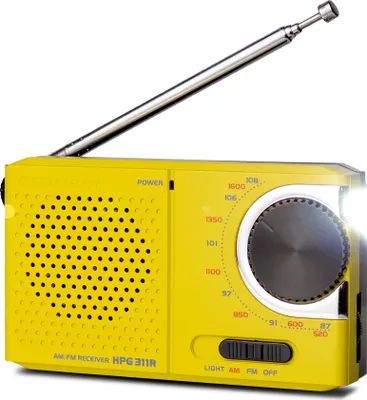 A yellow portable AM/FM radio with an extended antenna and a built-in light.