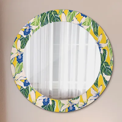 Produktbild von Kosmetikspiegel Spiegel - Flurspiegel - Spiegel mit Modischem Print – Dekospiegel - Blau und Gelb Orchideen - Runder: Ø60 cm