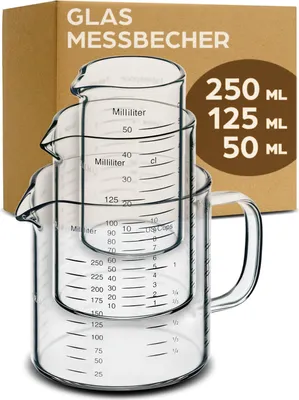 Produktbild von Glas Messbecher mit Ausguss - 50ml, 125ml, 250ml - Präzise Skala - Stapelbar - Hitzebeständig & Mikrowellengeeignet