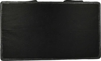 The underside of a black fabric product with a stitched border and two fabric loops extending from the top edge.