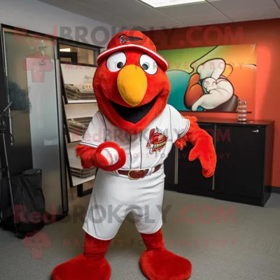 Produktbild von Rotes REDBROKOLY Tandoori-Huhn Maskottchen kostüm gekleidet mit einem Baseball-T-Shirt und Ohrringen