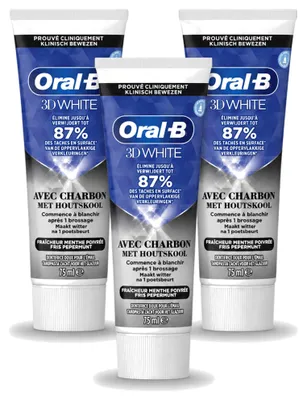 Produktbild von 3 x Oral-B 3D White Houtskool Tandpasta - Whitening und Tiefenreinigung - 75 ml - Vorteilspackung - 3 Stücke