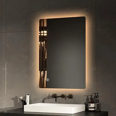 Image de Miroir de salle de bain éclairé, 50x70 cm. Miroir de salle de bain avec 3 couleurs de lumière, variateur d'intensité, miroir mural, tactile, anti-buée, arrêt automatique après 3 heures