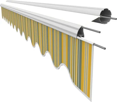 A retractable awning with a striped fabric pattern.