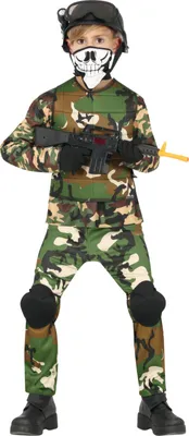 Produktbild von Militärkostüm Tarnanzug Abenteuer Camouflage Fasching Karneval Kinderkrieger Rollenspiel Tarnfarben Helm Maske Knieschoner Ausrüstung, Größe: 110/116 Farbe: Grün