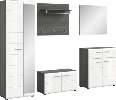 A collection of modern white and gray furniture pieces, likely for an entryway or bedroom, arranged on a white background.