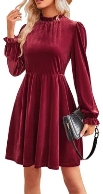 Produktbild von Jayscreate Damen 2023 Samt Kleid Elastische Taille Herbst Langarm Hochzeit Gast