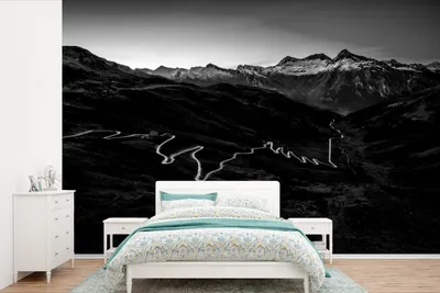 Produktbild von MuchoWow® Fototapete für Wohnzimmer oder Schlafzimmer Wandtapete Vinyl Motivtapete Splügenpass - schwarz und weiß - 360x240 cm - Vinyl-Tapete