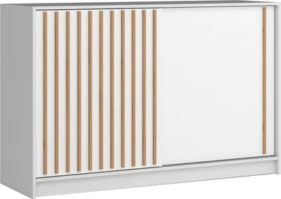 Produktbild von BETTSO Kommode Sideboard mit Schiebetüren Schrank mit Lamellen Aufbewahrungsschrank 150x94x45cm LAY Weiß Wotan Lamellen