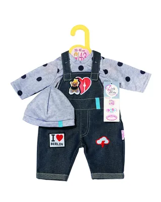 A doll outfit on a hanger against a white background.