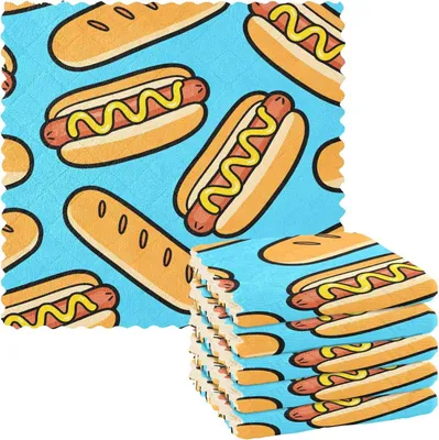 Produktbild von Wiederverwendbare Geschirrtücher mit Cartoon-Hotdog-Motiv zum Spülen, dekorative Handtücher für die Küche und Reinigungstücher im Landhausstil, 6 Stück, 27,9 x 27,9 cm