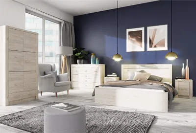 Produktbild von Schlafzimmer Komplettset 5-teilig mit Bett 160x200 cm modern in Esche weiß inkl. LED Beleuchtung INGENIO-161