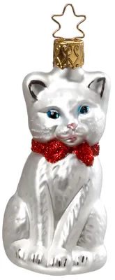Produktbild von Christbaumschmuck Katze mit Schleife 8,5cm Glas Figur Weiß