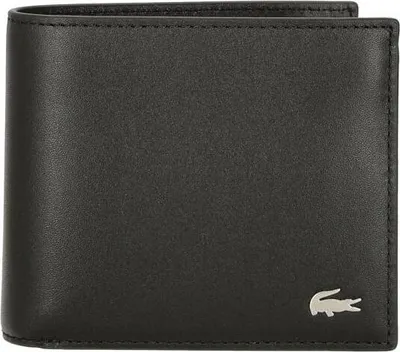 A black leather wallet with a silver Lacoste logo.