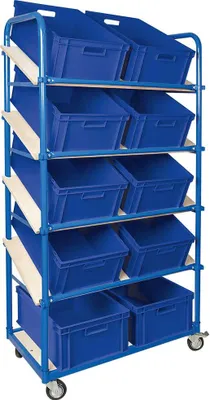 Produktbild von Schrägboden-Regalwagen mit 5 Ebenen, bestückt mit 10 Euroboxen 600x400x220 mm blau