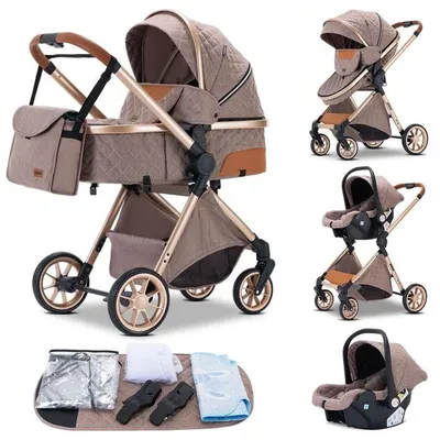 Imagen del producto de Cochecito de paseo tipo paraguas, alta calidad, 3 en 1. Cochecito combinado para bebé: incluye portabebés, moisés y asiento de coche. Con cesta grande. Color: kaki
