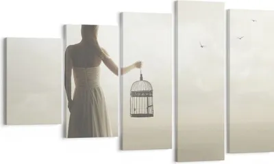 Produktbild von Bild auf Leinwand - Leinwandbild - 5 Teile - Frau Käfig Vogel - 100x60cm - Wand Bild - Wanddeko - Wandbilder - Leinwanddruck - Bilder - Wanddekoration - Leinwand bilder - Wandbild - EG100x60-4787