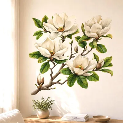 Image de Decords : Autocollant mural – Branche de magnolia blanche, effet aquarelle, 60 cm