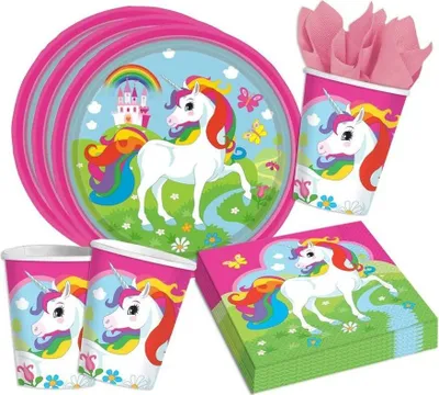 Produktbild von Einhorn Teller Becher Servietten Partyset für 8 Kinder