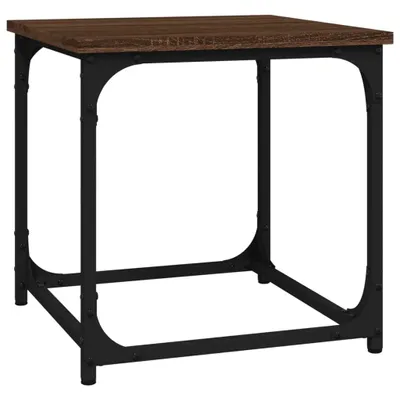 A product shot of a small square table with a wooden top and black metal legs, presented on a white background.
