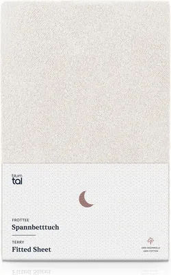 A flat lay product shot of a fitted sheet with branding and product information.
