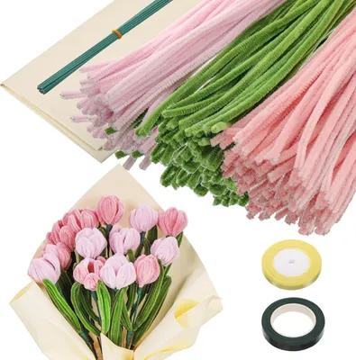 Produktbild von 320stk Pfeifenputzer zum Basteln, Pfeifenreiniger Blumen mit Floristenkrepp, Flexibel Verdickt Chenilledraht, 30cm Lang Pfeifenreiniger Rosa Grün, Pipe Cleaner Kreativ Set für Erwachsene DIY Basteln