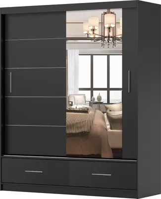 Produktbild von Easy4You Florence Schwarz Schiebetürenschrank Glänzend Kleiderschrank 150x218x61 cm mit Spiegel - Schlafzimmermöbel, Aufbewahrung – Mehrzweckschrank mit 2 Schubladen und 2 Kleiderstangen