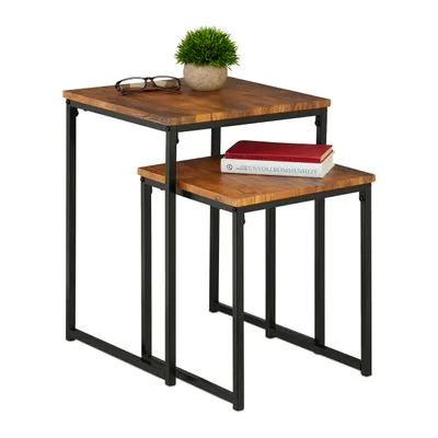 Produktbild von Relaxdays Beistelltisch 2er Set, stapelbar, Industrie Design, Satztisch 2 Größen, quadratisch, Metall, braun/schwarz