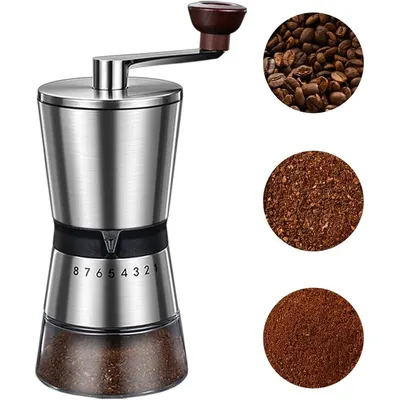 Produktbild von Manuelle Kaffeemühle mit 8 einstellbaren Einstellungen und einer Kurbel, perfekt für Reisen, Camping, Büro, Espresso, Craft Beer und mehr