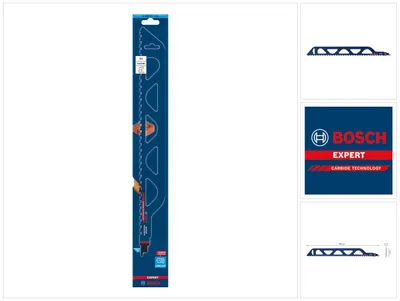 A product shot of a Bosch Expert reciprocating saw blade packaging, with additional product detail images on the right.