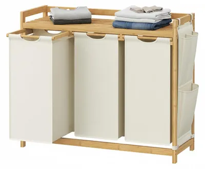 Image de Panier à linge en bambou avec 3 compartiments, capacité de 150 litres, couleur blanche, dimensions : 33,8 x 93,8 x 78 cm