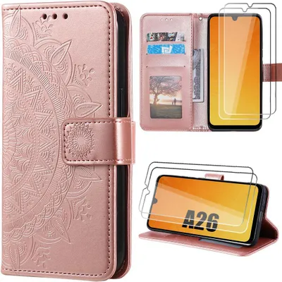 Image de Coque + 2 Verres Trempés pour Samsung Galaxy A26 5G, Anti-Rayures Protection 360 Degré Effet Cuir Rose Motif Mandala