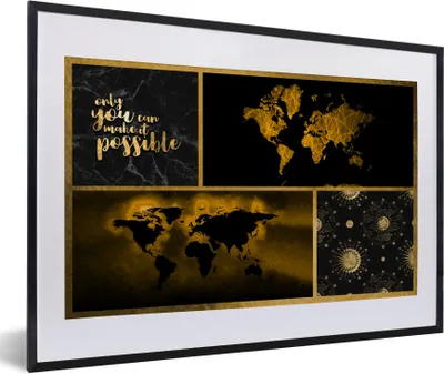 Produktbild von MuchoWow® Gerahmtes Poster Weltkarte - Collage - Luxus - Gold 60x40 cm - Poster mit Schwarzem Bilderrahmen Wandposter Rahmen Foto Bilder - Schlafzimmer - Plakat in Rahmen - Drucken